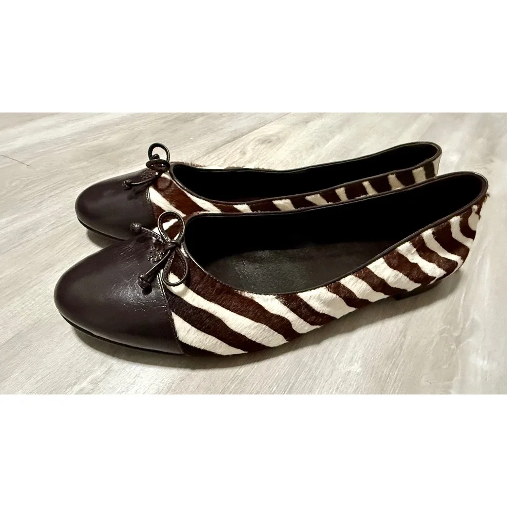 Tory Burch Zebra Print‎ Calf Hair Leather Ballet Flats Brown Cream Bow Women 13M